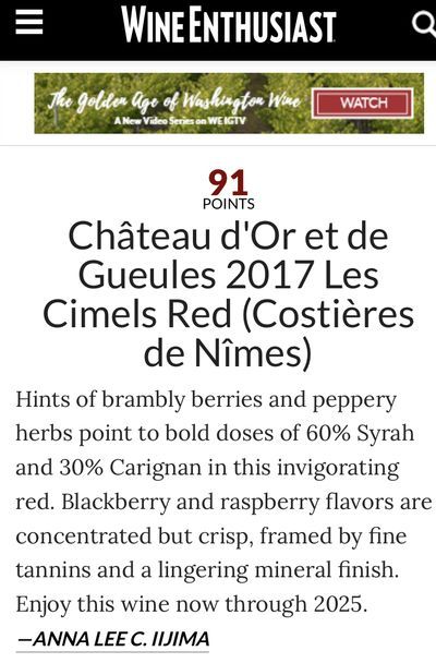 Wine Enthusiast : Cimel rouge 91/100